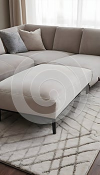 Ilustraciones de felpa moderno muebles Área alfombra a sofá en elegante sala de estar 