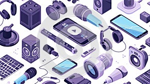 An illustration of a podcasting business landing page with isometric media equipment, microphones, smartphones, and photo