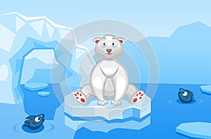 Illustration of a polar bear on an arctic vector background with ice floes, icebergs