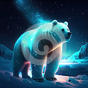 Illustration of a polar bear in the night starry sky. generative AI