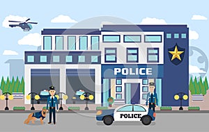 Illustration of police department with officers