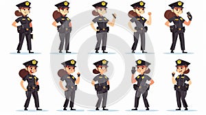 An illustration of a policewoman officer at work, wearing uniform issuing a fine, running, and using a walkie-talkie. A