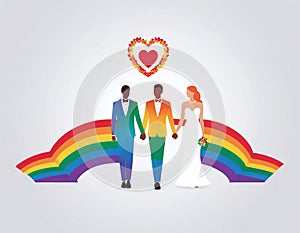 Illustration of a polygamous relationship. Wedding of three people. AI generated.