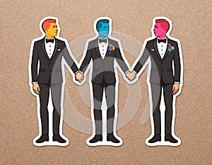 Illustration of a polygamous same-sex relationship. Three guys. AI generated.