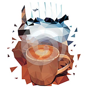 Illustration of polygons cappuccino Cup with a heart on milk foam. Cafe with coffee in the waiting room at the airport