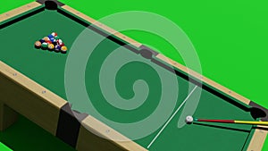 Illustration of a pool table with a cue stick near the white cue ball and the colorful balls