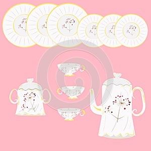 Illustration of a porcelain coffee set on a pink background.