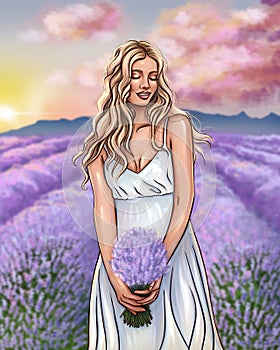 Illustration of portrait of beautyful caucasian woman in white dress at lavender field at sunset with blured background