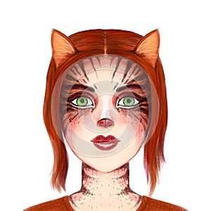 Illustration of a portrait of a cat woman. mythical creature or carnival costume with makeup. Textured drawing