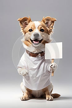 Illustration portrait of a cute dog holding a sign, text space, generative ai