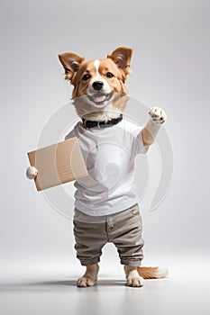 Illustration portrait of a cute dog holding a sign, text space, generative ai