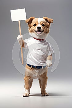 Illustration portrait of a cute dog holding a sign, text space, generative ai