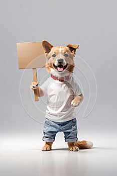 Illustration portrait of a cute dog holding a sign, text space, generative ai