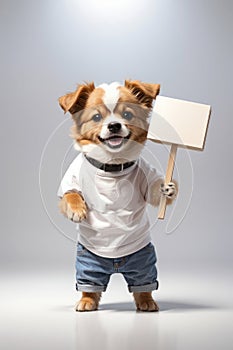 Illustration portrait of a cute dog holding a sign, text space, generative ai