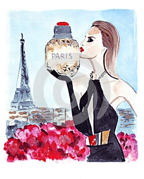 Illustration portrait of female fashion with spirits in hands on the background of Eiffel Tower in Paris