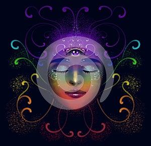 Illustration of a portrait of a girl on a dark background, with a third eye. Meditation in a state of harmony, with curls of photo