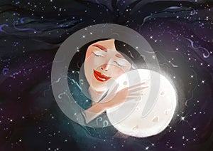 Illustration of a portrait of a girl sleeping, in peace, with a smile on her face. Woman hugs the moon, sleeping man. Good sleep,