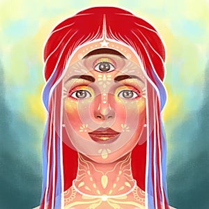 illustration portrait of a girl with a third eye, meditation, supersenses, enlightenment, supernatural.