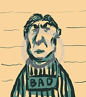 illustration of a portrait of a male criminal in striped clothes, prison punishment