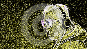 Illustration portrait of a man in headphones, music background, neon man in yellow colors happy in headphones listens to music