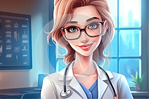 illustration portraying a woman doctor in a white lab coat, holding a stethoscope, set against the cityscape ai generative