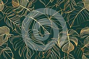 Illustration Of A Posh Green Floral Pattern Featuring Golden Splitleaf Philodendron And Monstera Plant Line Art
