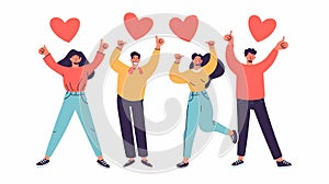 An illustration of positive emotions and body language showing thumbs up, ok, heart, victory, and yeah signs. Cartoon