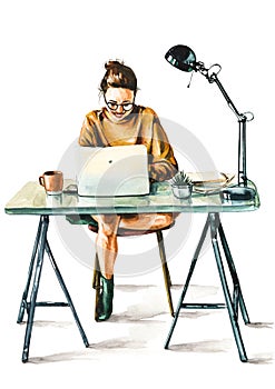 Illustration of Positive hipster girl working on laptop and drinking coffee or tea. Productive job concept