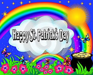 Illustration postcard bright for St. Patrick`s Day with a rainbow and a pot of gold