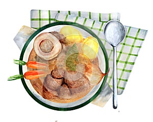 Illustration of Pot au Feu, table setting. French cuisine dish. Watercolor