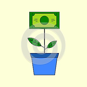 Illustration of potted money with green leafs vector design on white isolated