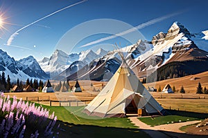 Illustration of prairie with native american wigwam camp
