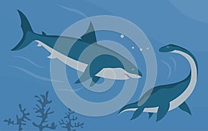 Illustration prehistoric underwater shark megalodon vs plesiosaur