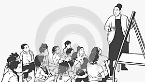 Illustration of preschool children and homeroom teacher during lesson