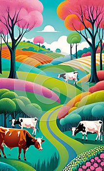 Agroforestry Concept: Illustration of Cows Among Trees and Greenery photo