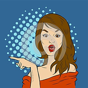Illustration of a pretty fashionable woman model in presenting gesture pointing at blank copy space sideway.