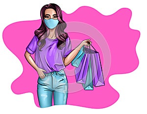 Illustration of pretty girl in jeans and t-shirt with face protecting mask holds shopping bags
