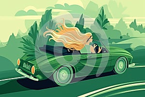 Illustration of pretty woman driving car, generative ai