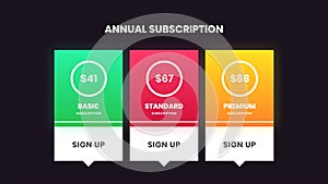 Illustration of pricing subscription plan table template, UI UX interface design elements. Price list 3 options plans infographic