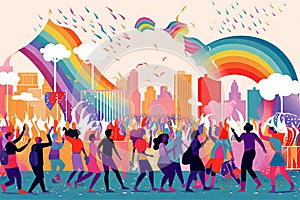 Illustration of a Pride parade with vibrant floats, marching bands, and people waving flags, showcasing the energy and joy of the