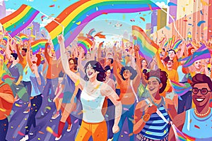 Illustration of a Pride parade with vibrant floats, marching bands, and people waving flags, showcasing the energy and joy of the