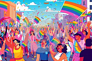 Illustration of a Pride parade with vibrant floats, marching bands, and people waving flags, showcasing the energy and joy of the