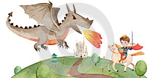 Illustration of Prince fight agains dragon Beautiful fairytale castle on the background. Watercolor castle on a hill