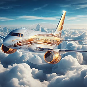 illustration of a private jet isolated on a blue sky background, suitable for tourism and travel advertising purposes 9