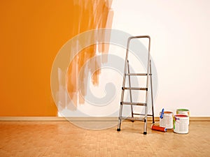illustration of Process of repainting the walls in orange col