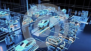 Illustration of the production of electric automobiles in a futuristic production hall with blue lighting, made with generative ai