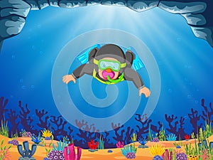 A professional man diver is diving with the blue flippers