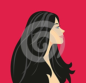 Illustration Profile of a beautiful girl with long black hair.