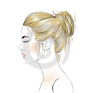 illustration - profile girl with hair bun - blonde girl
