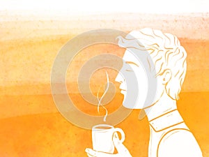 Illustration of a profile of a man with a mug of tea or coffee in his hands. Enjoyment of drinking a hot drink, meditation, siesta